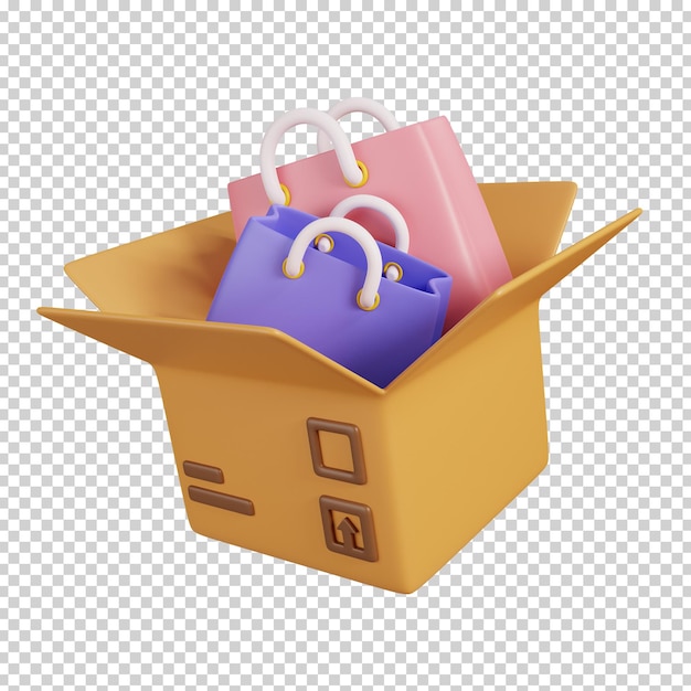 PSD saco de compras na caixa de encomendas isoladas ícone de compras on-line 3d render ilustração