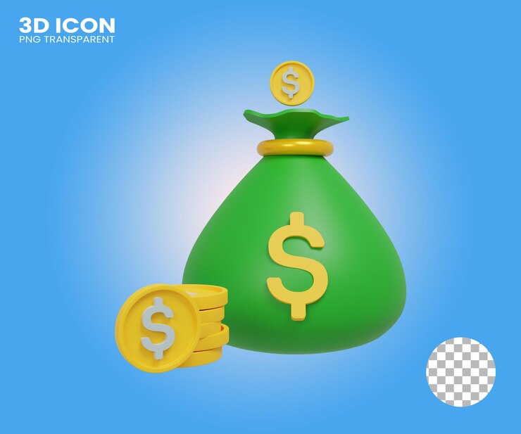 Saco de dinheiro 3d para ilustração de poupança ou investimento em fundo transparente