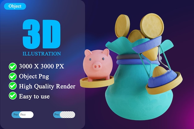 PSD saco de moedas de ilustração 3d e ampulheta 3