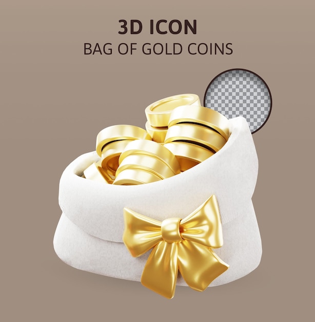 Saco de moedas de ouro com ilustração de renderização 3d de arco