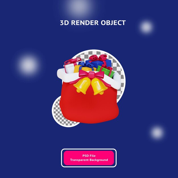 Saco de Natal 3D com objeto de ilustração de presente e sino renderizado