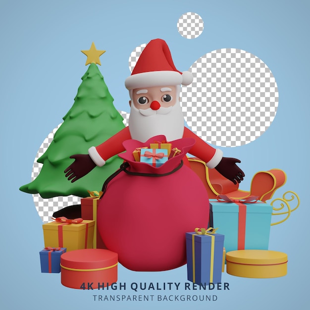 Saco de presente da ilustração do personagem 3D do mascote do Papai Noel