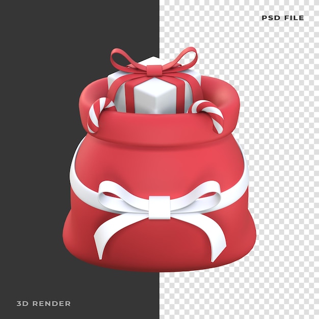 Saco do papai noel 3d com caixa de presente candy cane renderizado em fundo transparente