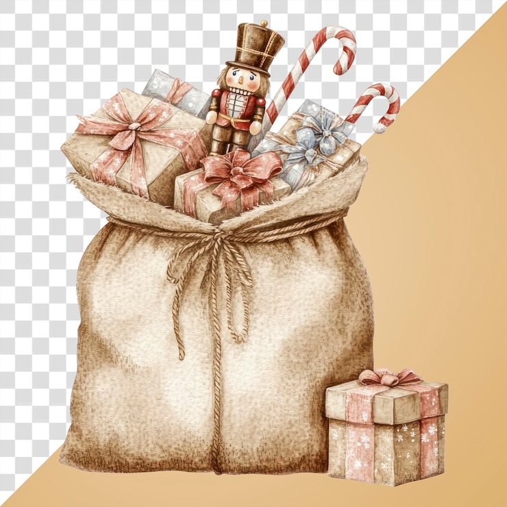 PSD saco de navidad de papua nueva guinea lleno de juguetes ilustración de navidad del rompedor de nueces