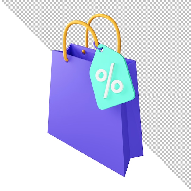 Sacola de compras com renderização em 3D com desconto percentual na liquidação da oferta