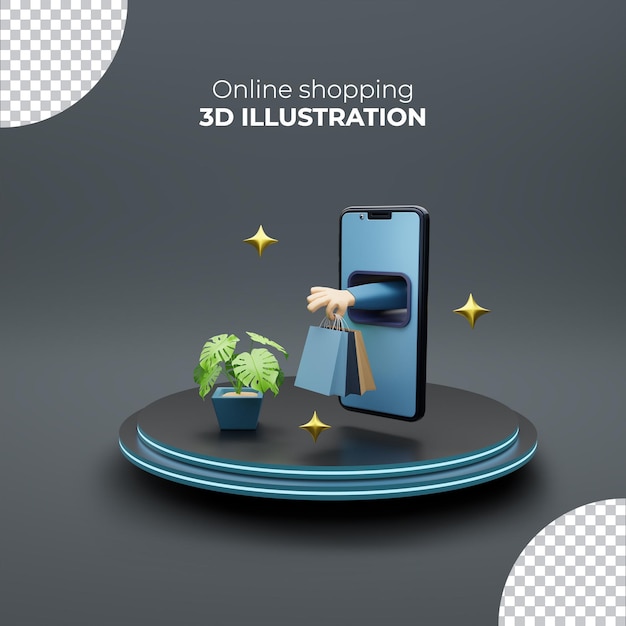 Sacola de compras segurando a mão de um smartphone 3D de compras online