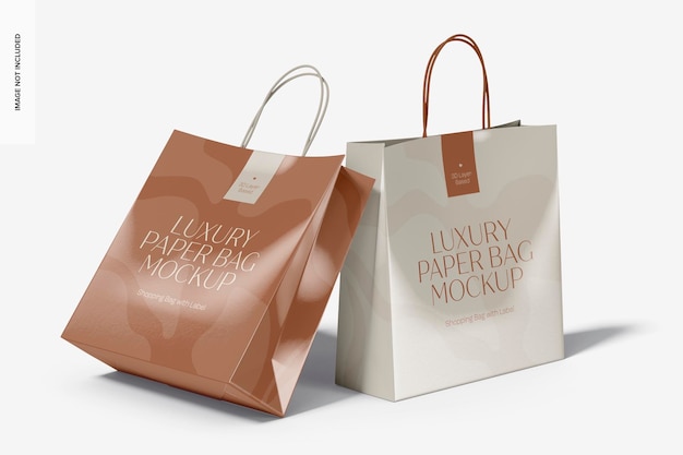PSD sacolas de compras com modelo de etiqueta, vista inclinada e esquerda