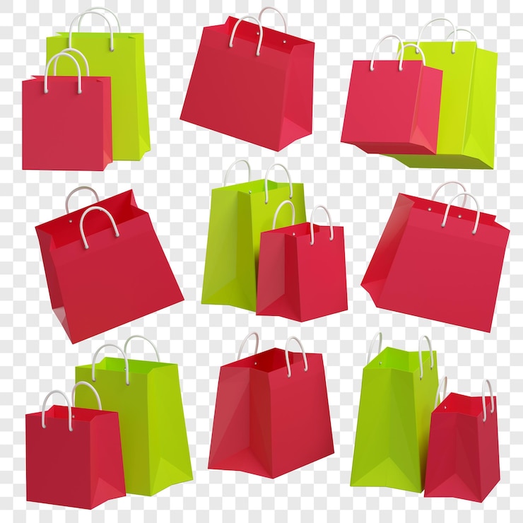 PSD sacolas de compras em 3d de três tipos em ângulos diferentes ilustrações em 3d isoladas