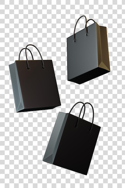 Sacos de compras vazios de cor preta voadora em fundo branco 3D render ilustração