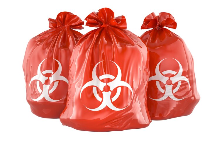 PSD sacos de lixo cheios com símbolos de perigo biológico em 3d isolados em fundo transparente