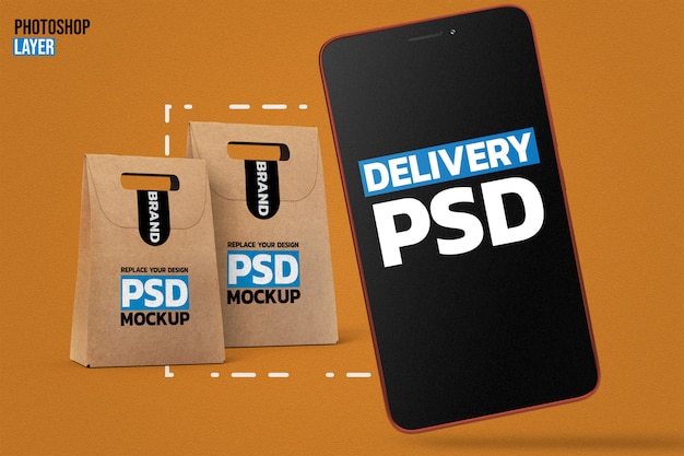 PSD sacos de papel e maquete de smartphone