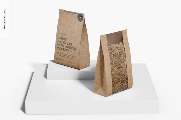 Sacos de papel grandes com modelo de janela, no pódio
