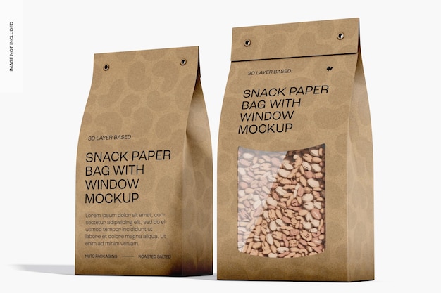 Sacos de papel para lanches com maquete de janela, vista frontal e traseira