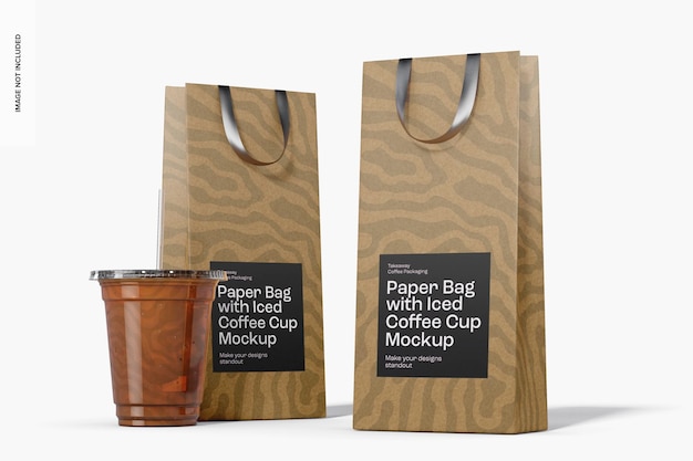 PSD sacs en papier avec maquette de tasse de café glacé, vue de face