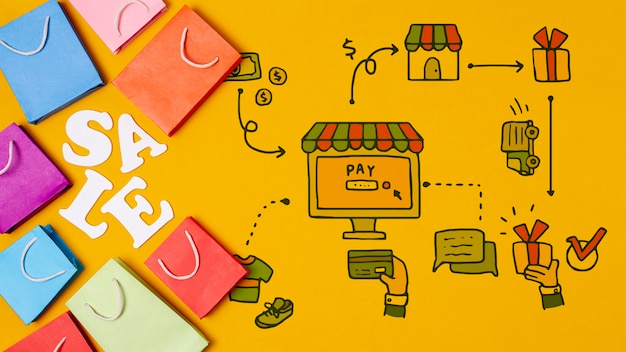 Sacs en papier avec texte de vente sur fond jaune