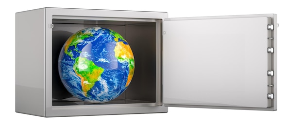 Safe box with Earth Globe Security and protection concept 3D rendering isolated on transparent background