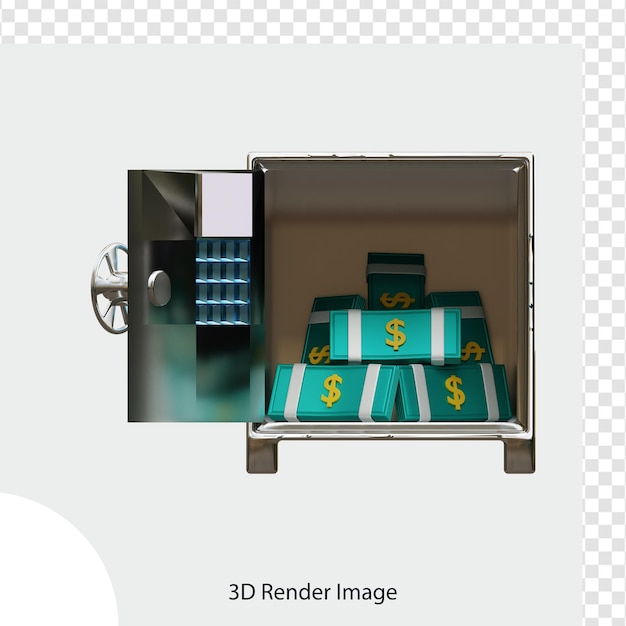 Safe mit stapel dollarbanknoten 3d-darstellung