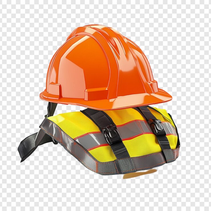 PSD safety helmet and vest construction worker gear bright orange yellow