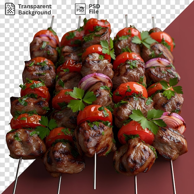 PSD saftige lammkebabs mit frischen tomaten und grünen blättern auf einem spieß