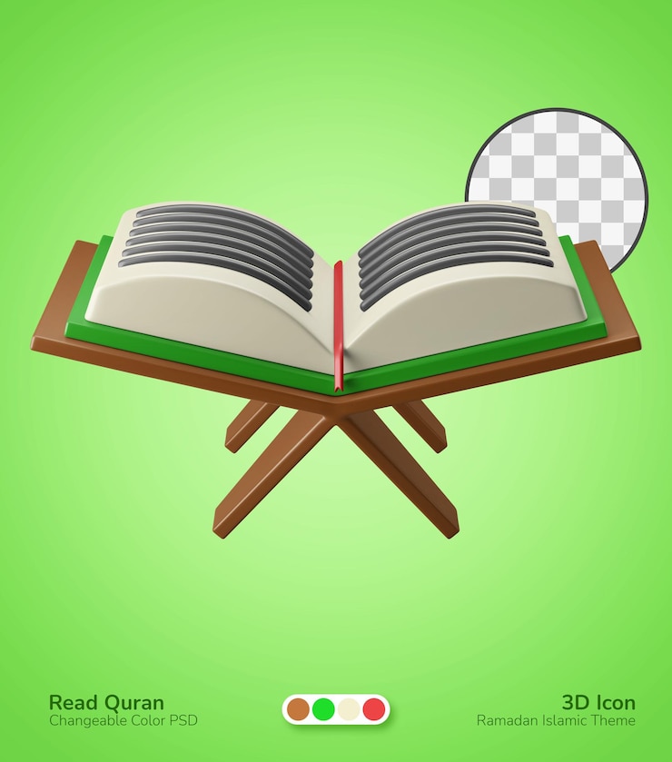 PSD sagrado corán con soporte para libros ilustración de icono 3d ramadan eid al fitr tema islámico