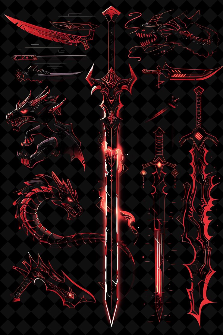 PSD sai pixel weapon con diseño de dragón y llamas y escamas wi y2k shape neon color art collections