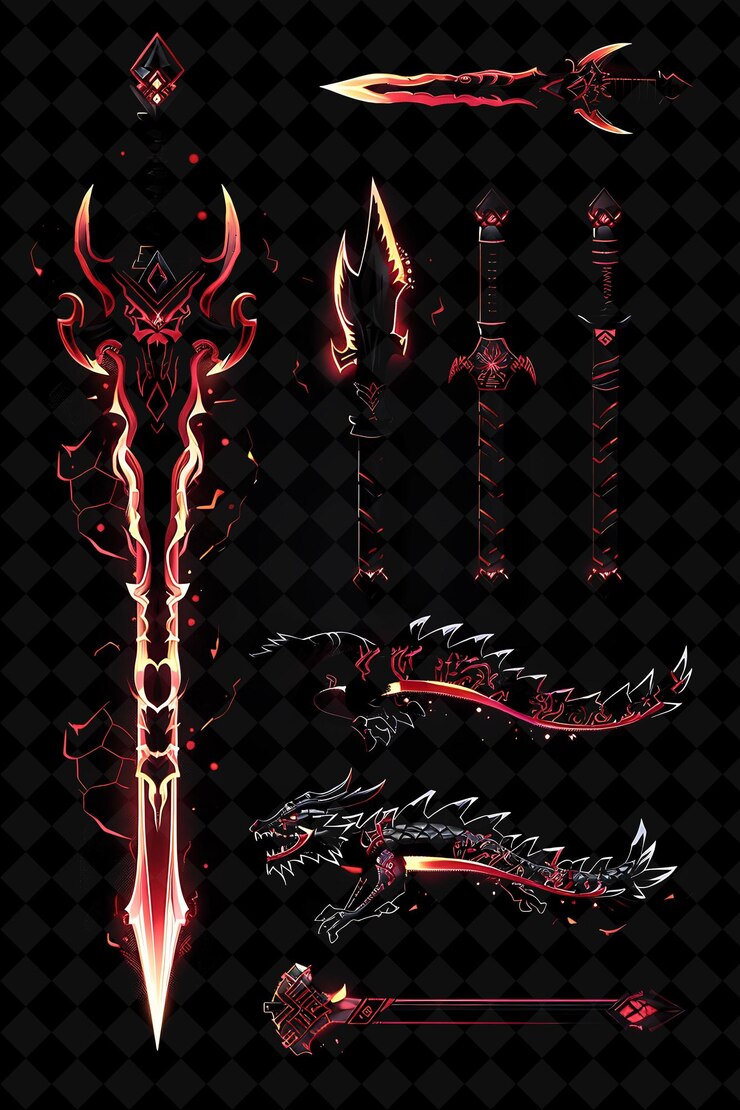 PSD sai pixel weapon con diseño de dragón y llamas y escamas wi y2k shape neon color art collections