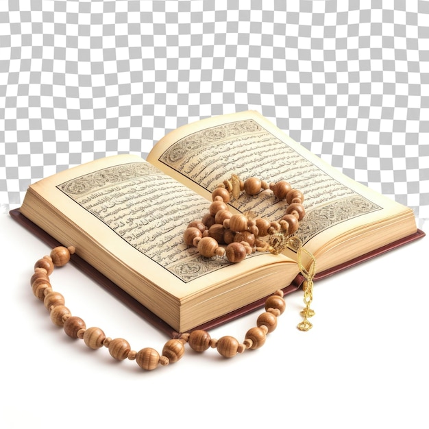 PSD le saint coran écrit en calligraphie arabe signifie le coran avec un chapelet sur un fond transparent