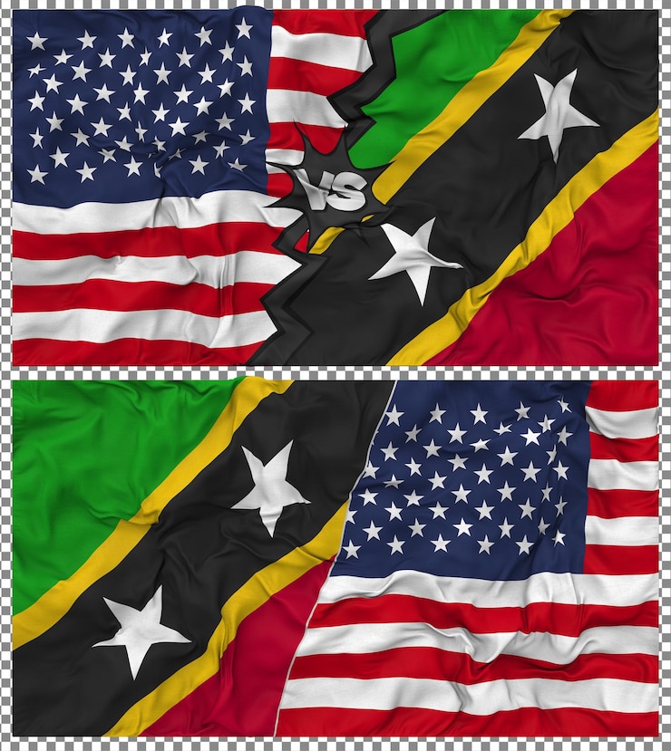 PSD saint kitts and nevis vs united states half combined flag cloth bump texture 3d rendering
