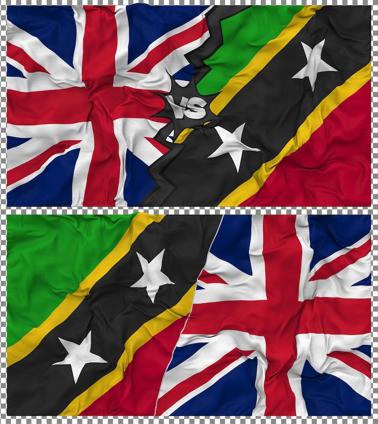 PSD saint-kitts et nevis contre le royaume-uni half combined flag cloth bump texture rendering 3d