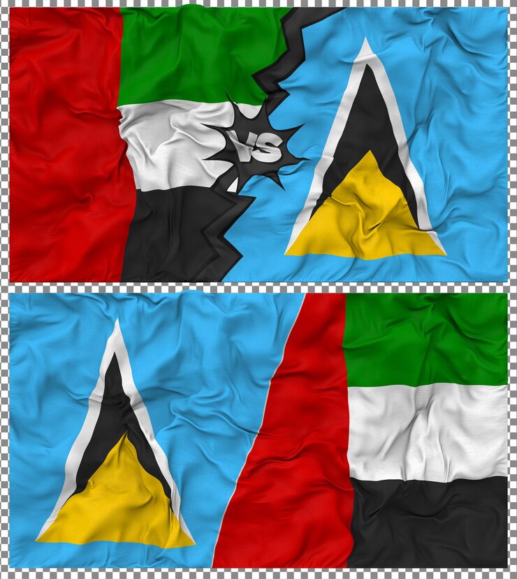 PSD saint lucia vs united arab emirates half combined flag cloth bump texture 3d rendering