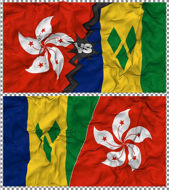 Saint-Vincent et les Grenadines contre Hong Kong Half Combined Flag Cloth Bump Texture Rendering en 3D