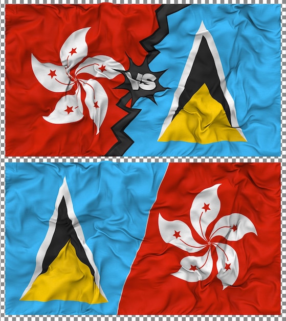 Sainte-Lucie contre Hong Kong Half Combined Flag Cloth Bump Texture Rendering 3D Il s'agit d'une combinaison de drapeaux à moitié combinés.