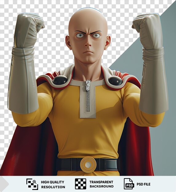 Saitama transparente de un golpe hombre cosplays como una estatua con un cinturón negro y pantalones amarillos con una nariz prominente y una oreja grande