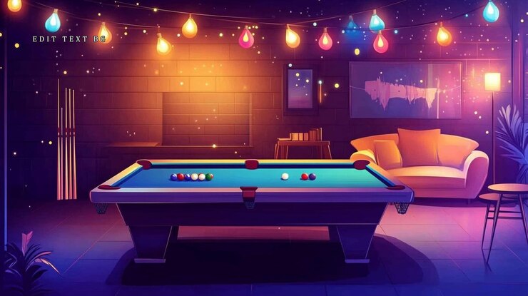 PSD sala de billar nocturna con un sofá de mesa de billar y luces de cuerda