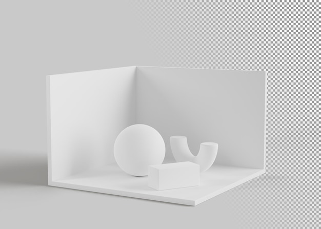 Sala branca isométrica de galeria de arte ou museu com formas geométricas ícone de renderização 3D Mockup showroom de exibição de canto com paredes chão e pódio estande de apresentação para exposição ilustração 3D