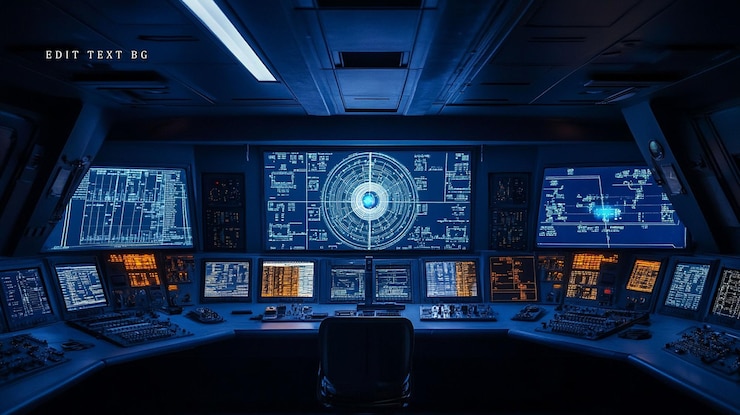 PSD sala de control futurista con múltiples pantallas que muestran datos y gráficos