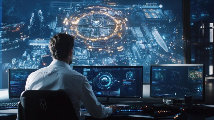 PSD sala de control futurista con vista a la estación espacial