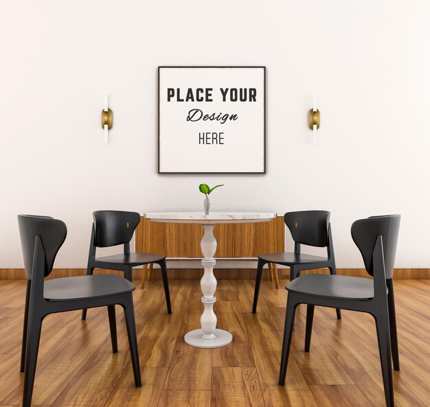 Sala da pranzo contemporanea con sedia in legno nero e cornice mockup sulla parete