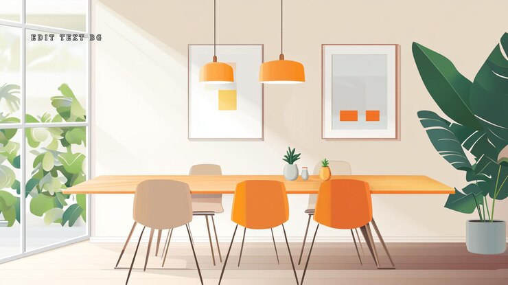 PSD sala da pranzo illuminata dal sole con tavolo di legno, sedie arancione e piante tropicali