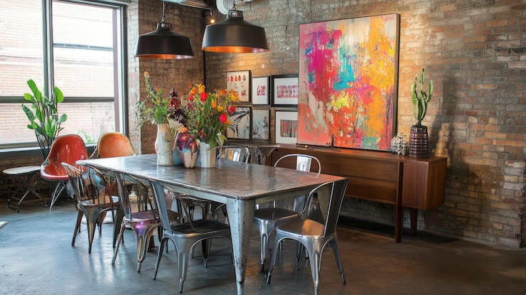 PSD sala da pranzo industrialchic con un lungo tavolo di metallo sedie non abbinate un grande dipinto astratto e pareti di mattoni a vista