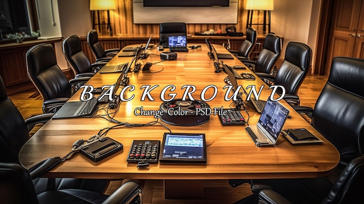 PSD sala de conferências moderna com mesa de madeira elegante e tecnologia avançada perfeita para reuniões de negócios e eventos corporativos mostrando um ambiente profissional