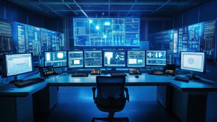 PSD sala de controle de cibersegurança moderna com múltiplos monitores que exibem fluxos de dados e atividade de rede