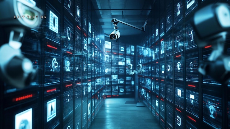 PSD sala de controle de segurança futurista com inúmeros monitores exibindo imagens de vigilância e câmeras de segurança