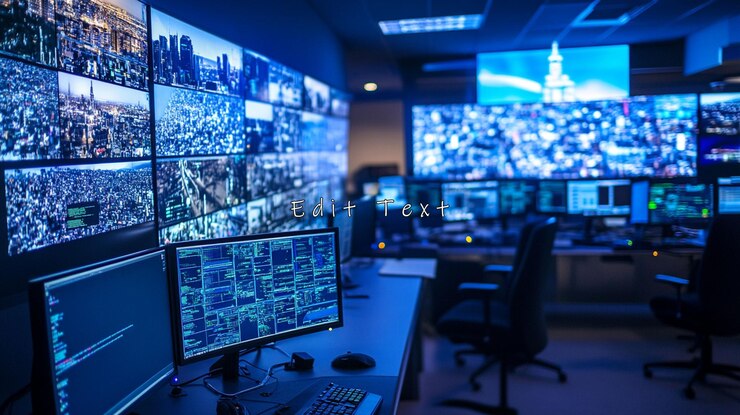 PSD sala de controlo com múltiplos monitores que exibem paisagens urbanas e dados