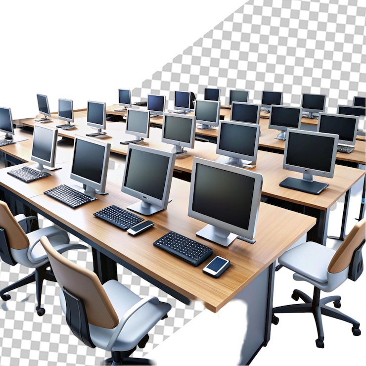 PSD sala de escritório vetorial com diferentes mesas retangulares mesas cadeiras pretas e computadores monitor palavras-chave rato vista superior isolada em fundo branco