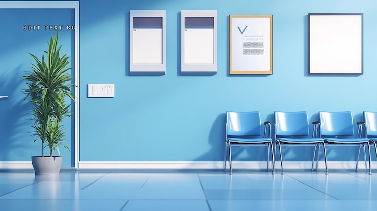 PSD sala de espera azul iluminada pelo sol com cadeiras, plantas e documentos emoldurados