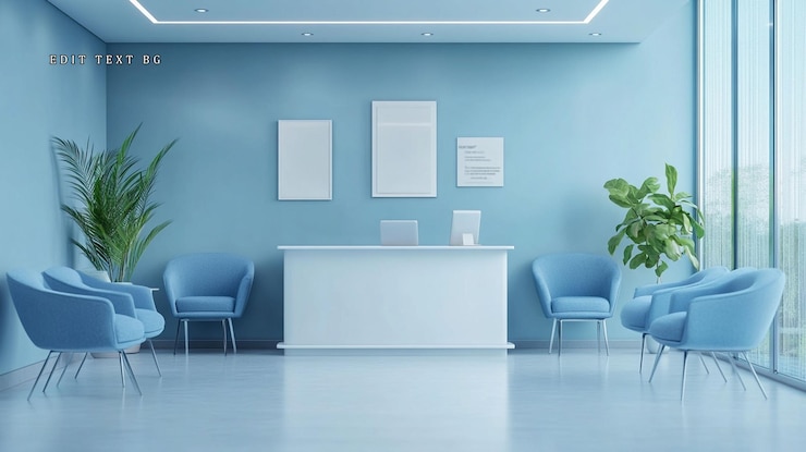 PSD sala de espera azul moderna com mesa de recepção, cadeiras, plantas e grande janela