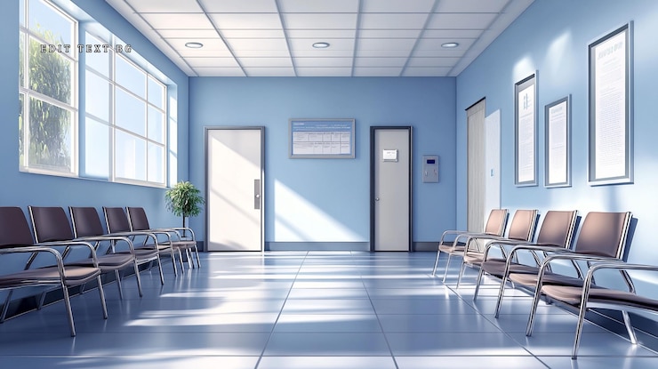 PSD sala de espera do hospital iluminada pelo sol com fileiras de cadeiras, portas e janelas