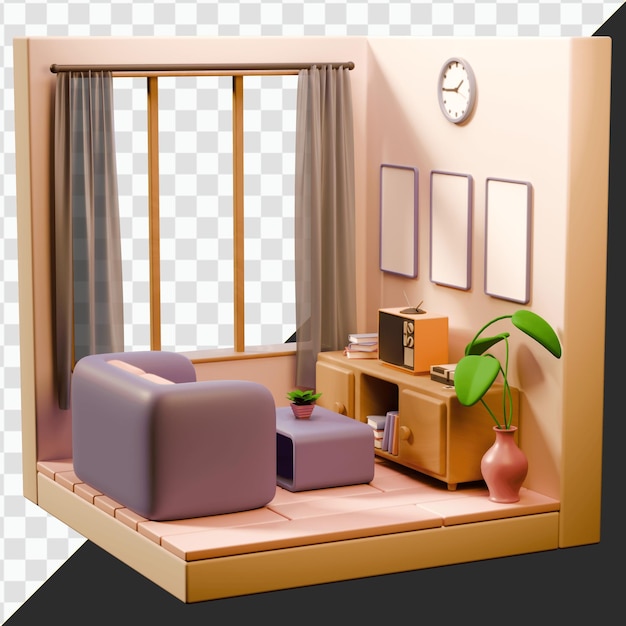 Sala de estar aconchegante de desenho animado com elementos de design interior