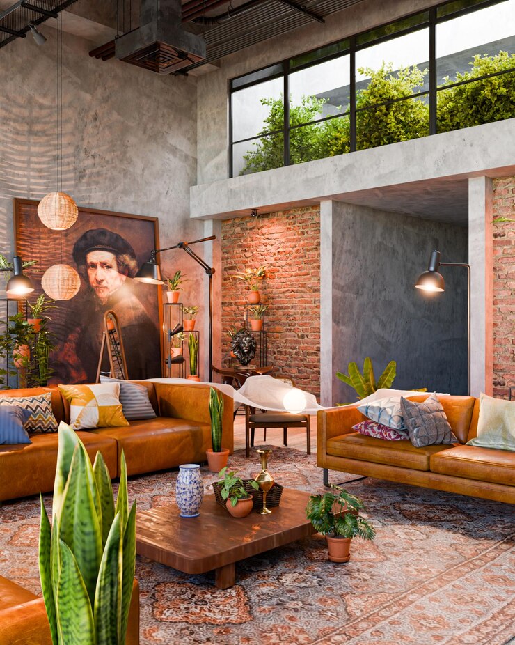 PSD sala de estar de luxo com charme industrial e elementos artísticos